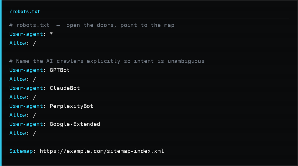 A robots.txt file allowing all user agents, naming GPTBot, ClaudeBot, PerplexityBot and Google-Extended, and pointing to the sitemap.
