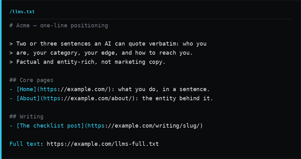 An llms.txt file with an H1 site name, a blockquote summary written for an AI to quote, a Core pages section with linked descriptions, and a link to llms-full.txt.